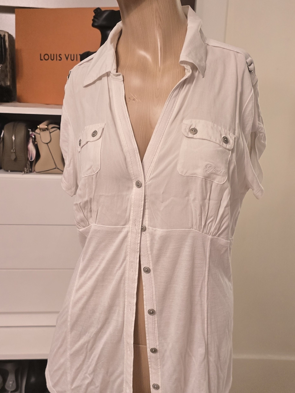 Guess White Short-Sleeve Button-Down Utility Shirt